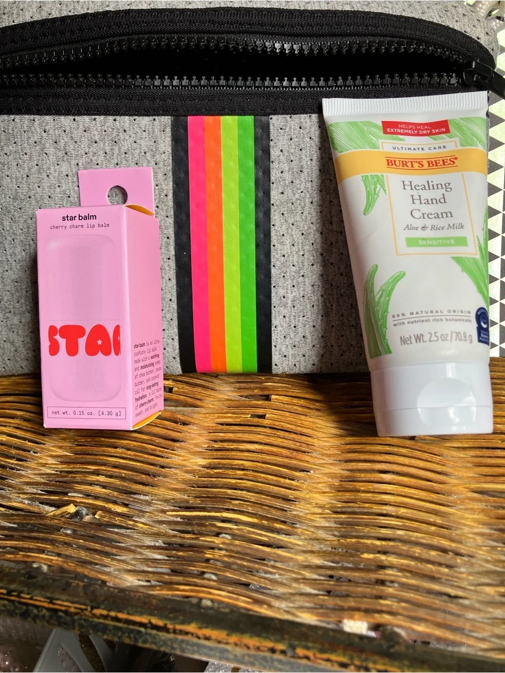Perforated Grey Neoprene Pouch with Neon Stripe & comes with Cream & Star Balm:)